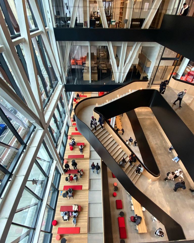 Aerial view of stairs at the Boston University Duan Family Center for Computing and Data Sciences