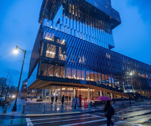 Photo of the BU Duan Family Center for Computing & Data Sciences exterior front at night