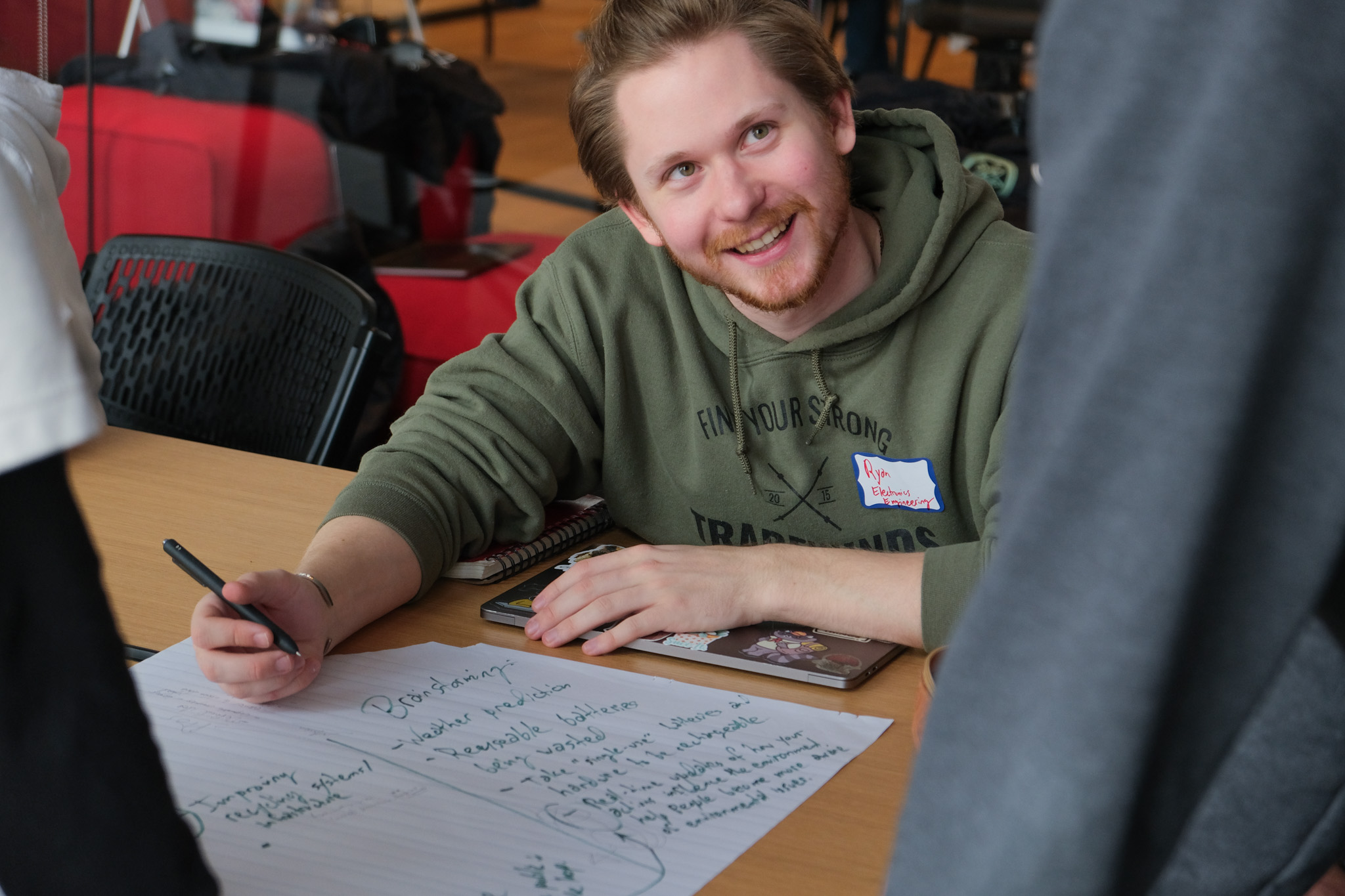 Photo of student pointing at paper that has "Brainstorming" written on it with bullet points