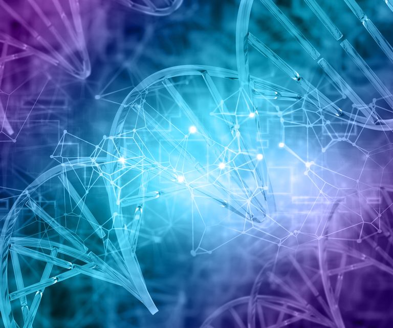 Graphic of blue DNA 3D illustration with bioinformatics data imagery