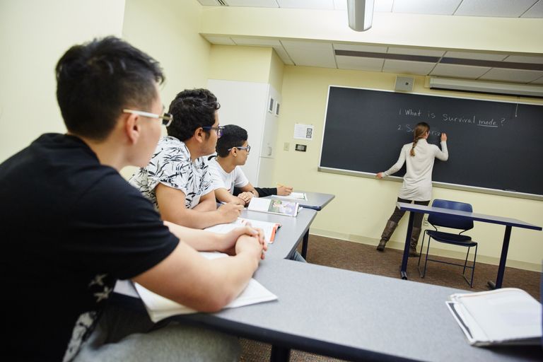 students watching an instructor at the blackboard