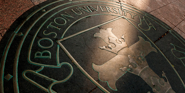 Photo of the BU seal in front of MArch Plaza