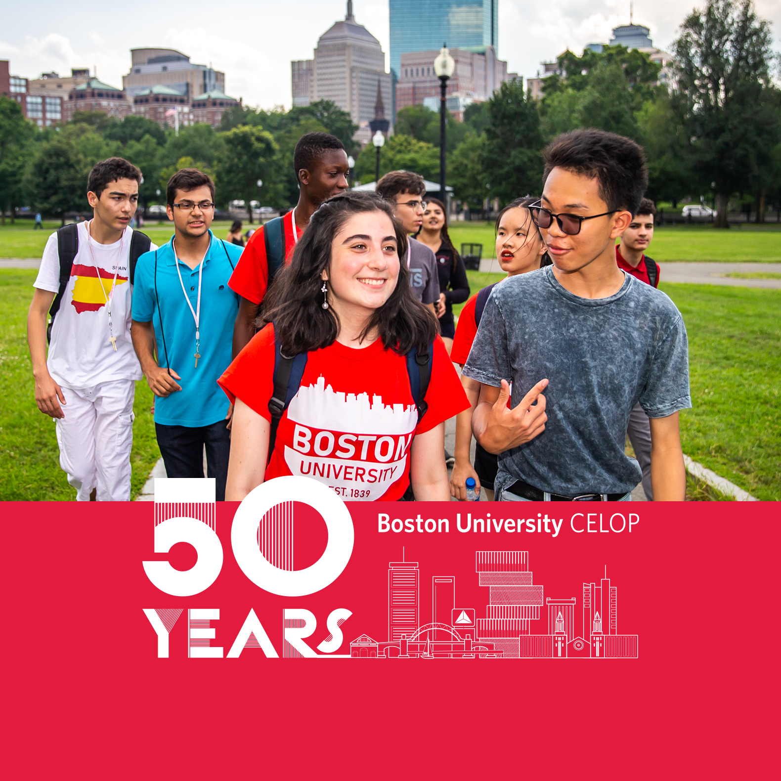 image of students walking together through the Boston Public GArden with a banner below the image saying 50 Year Boston UniverityCELOP