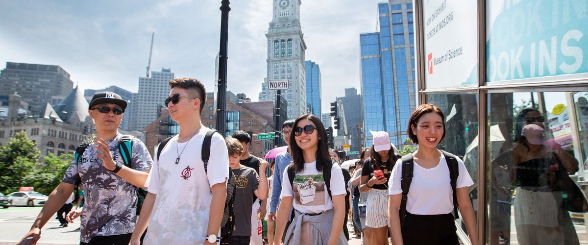 CELOP studetns walking towrds Boston Harbor off Atlantic Ave