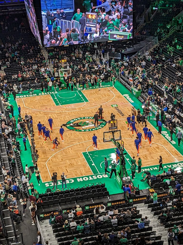 view of celtics game from high up in the stands