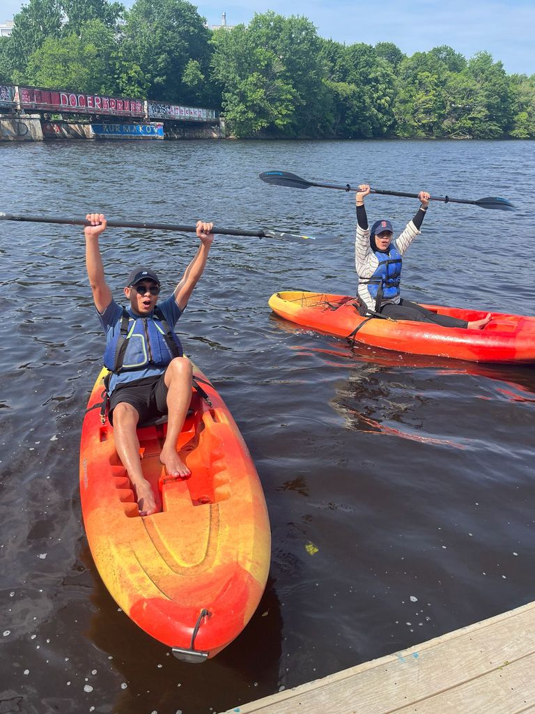 Two celop students kayaking on the charles river