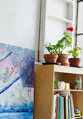 Open Studio There’s a little red up here in the corner. The painting started out mostly blue, but the color of my geraniums started to work its way onto the canvas.