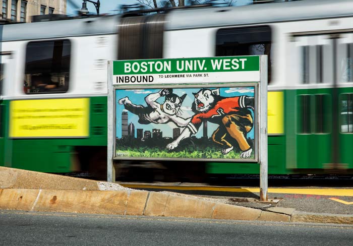 Andy Bell (’09), Seth Gadsden (’07), and Kristie Eden O’Donnell (’10) designed three projects that were installed in 2008 and 2009. In Bell’s panel for the BU West outbound stop overlooking the College of Fine Arts at 855 Commonwealth Ave., Rhett, the BU terrier, grapples with the Northeastern University husky mascot.