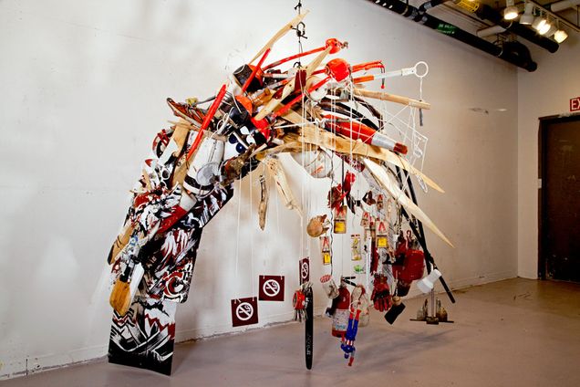 Coast Cancer, 2019. Wood, steel, paint, resin, found material. Max Bard (’19) makes art with odd items, from a frying pan to rusted mousetraps.
