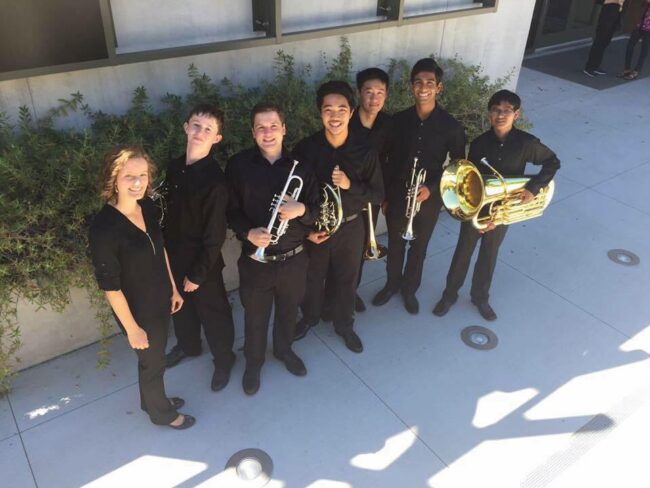 Lauren Casey-Clyde poses with her brass students from the Summer Brass Institute and Festival, a week-long intensive chamber music camp for high school students in Menlo Park, CA. 