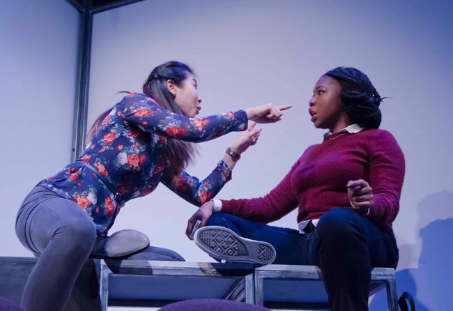 2/9/16 Boston Center for American Performance and New Repertory Theatre present BALTIMORE, A BU New Play Initiative Production by Kirsten Greenidge - Directed by Elaine Vaan Hogue - After she’s dismissed from her job in the athletics department, Shelby Wilson becomes Resident Advisor to a group of freshmen—after all, it’ll look good on her resume. She soon discovers that a racially charged incident has set student against student, and it’s up to her to mediate the situation. In this world premiere production, playwright Kirsten Greenidge explores the complexities of racism from the perspective of eight culturally diverse college students. Boston University Theatre, 264 Huntington Ave. (Lane-Comley Studio 210) 2016-02-09-BALTIMORE_066.nef - Photograph By Kalman Zabarsky