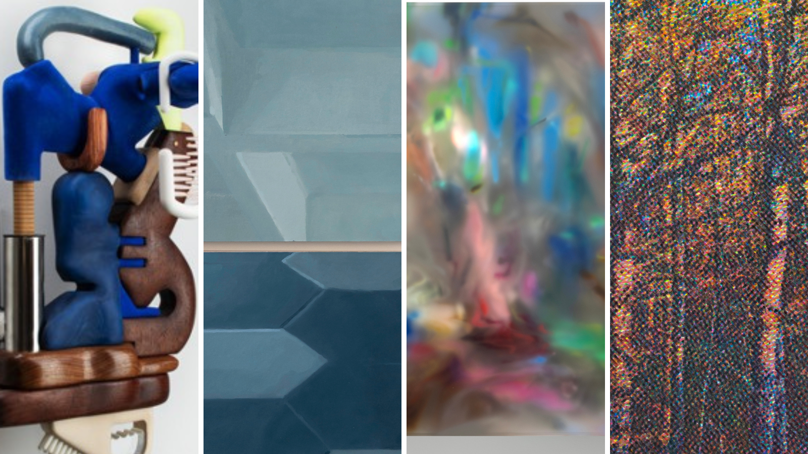 Composite of artwork from four artists exhibiting at BU Art Galleries in Spring 2025
