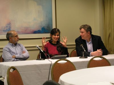 panelists from left: roberto Miranda, Ruth Padilla DeBorst, Todd Hartch