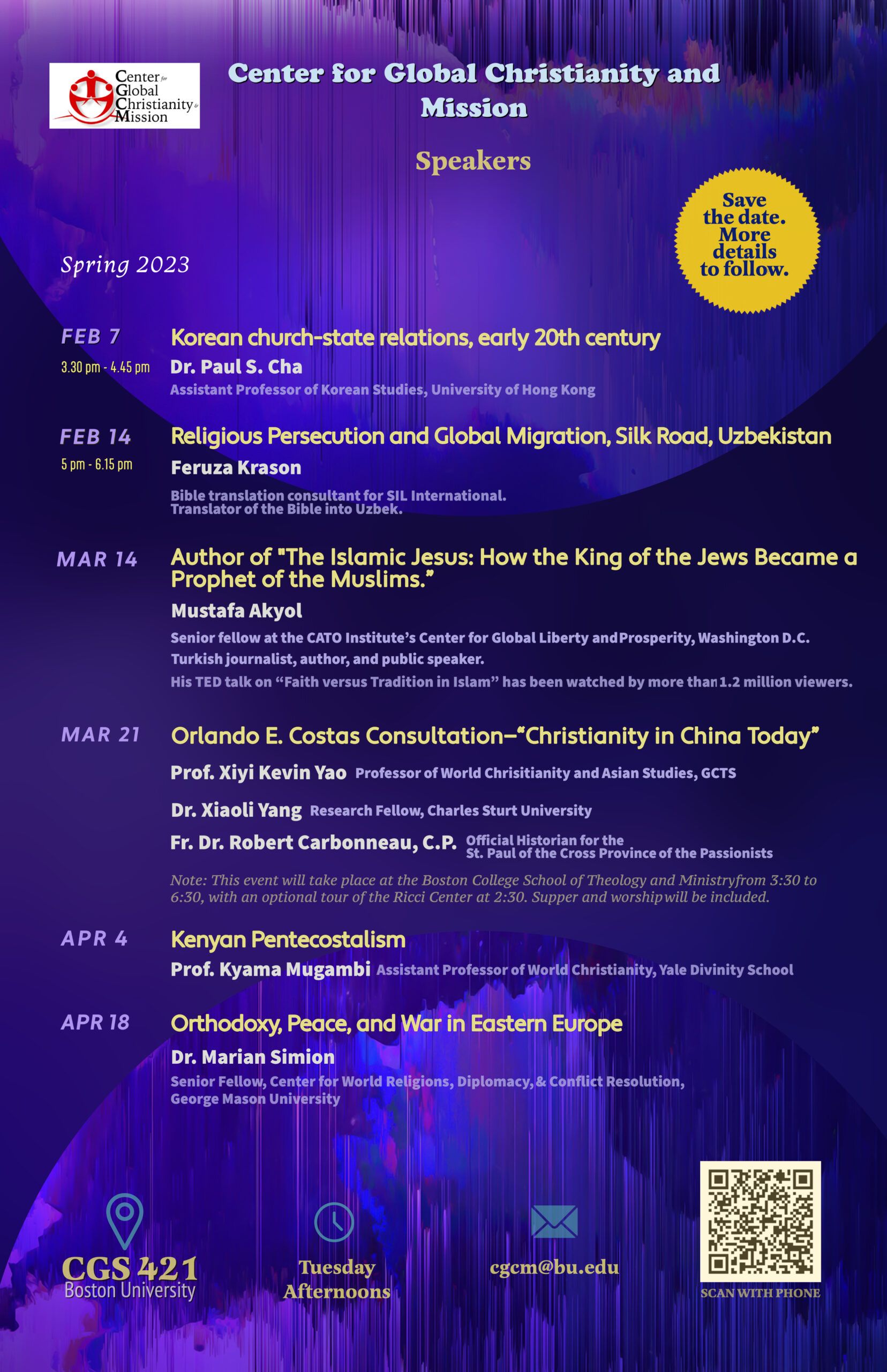 a schedule of speakers listed on a poster which is purple in color and the fonts are white and yellow in color