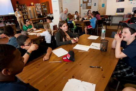 Rachel Regent (CGS’13) tutored young writers at 826 Boston recently as part of her literature class. Photos by Vernon Doucette