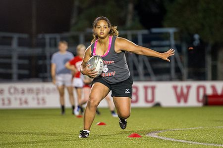 Anesha Jones (CGS’15, CAS’17) during a recent BU women’s rugby football club practice