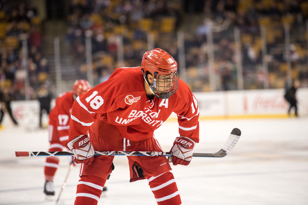 Jordan Greenway (CGS’17, CAS’19) helped the Terrier men to a Beanpot Tournament first-round win against Harvard this week, but now he’s in PyeongChang, South Korea, playing for Team USA in Olympic men’s hockey. Photo by Cydney Scott