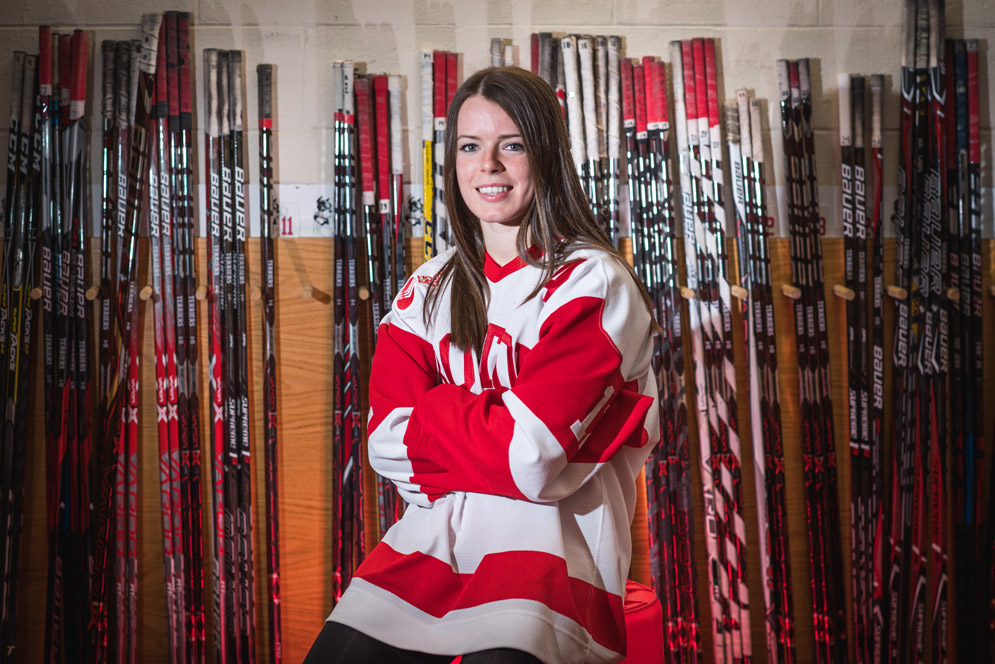 Women’s hockey forward and assistant captain Victoria Bach (CGS’16, COM’18) notched her program-record 97th career goal. Photo by Jackie Ricciardi.