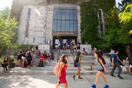 Students come and go from class outside Alfred L. Morse Auditorium in the morning.