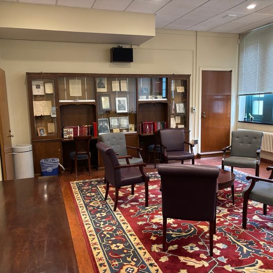 photo of the thurman room including a circle of chairs and the archival cabinets