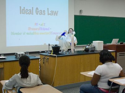 Dr. Rosemary White demonstrating the ideal gas law at Chemistry Day 2010