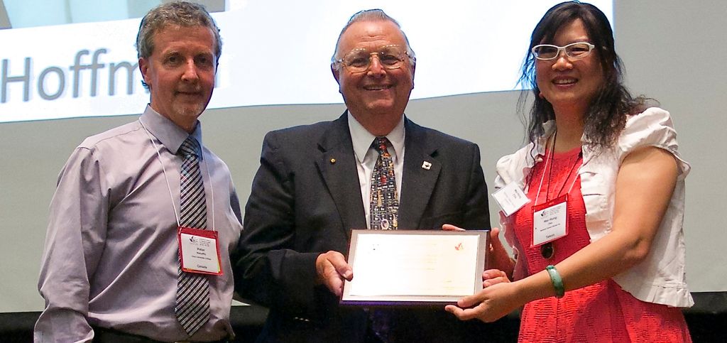 Prof. Emer. Morton Hoffman receiving the IUPAC-CCE Award for Distinguished Contribution to Chemistry Education from Peter Mahaffy (King's University College, Canada), at left, and Mei-Hung Chiu (National Taiwan Normal University). (Photo attribution: Paul Piunno, University of Toronto)