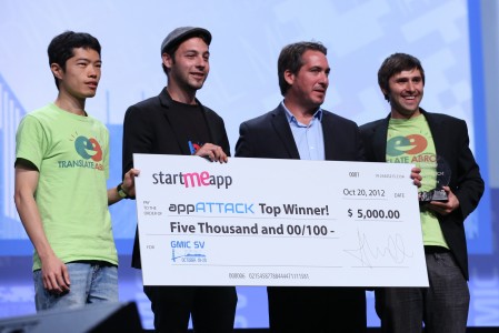 At the Global Mobile Internet Conference, Waygo took top honors in the appAttack contest. Pictured from left are Huan-Yu Wu, Robert Sanchez, Alejandro Campos Carlés of StartMeApp, and Ryan Rogowski at the award ceremony.