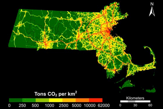 Estimates of Massachusetts' greenhouse gas emissions, mapped above, need improving, says Lucy Hutyra, a CAS assistant professor. Image courtesy of Hutyra