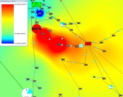 In the "before" map above, high--red--electricity price areas reflect transmission line congestion (e.g., the red circle shows power flow at 101 percent of capacity). In the "after" map below, low--green--electricity prices are made possible by disconnecting two remote transmission lines (shown by a circled X)--which relieve congestion (e.g., the orange circle shows power flow at 98 percent of capacity).