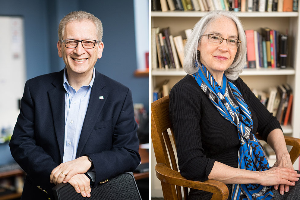 Azer Bestavros, a CAS professor of computer science, and Bonnie Costello, a CAS professor of English, have been honored with William Fairfield Warren Distinguished Professorships. Photos by Jackie Ricciardi