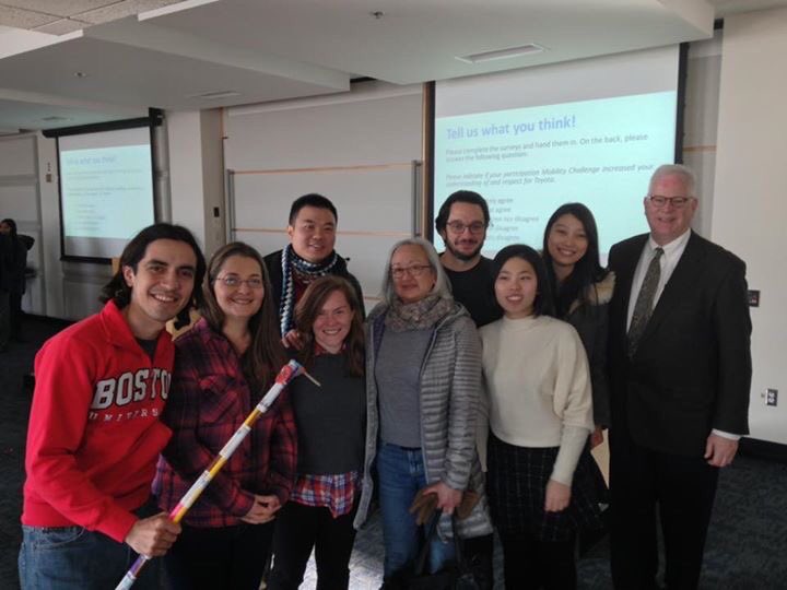 BUCPUA’s Professor Regan (FR), Professor Sungu (L) with BUCPUA students and winning team members Luis Quintanilla (FL) and Alejandro Delgado (BR), and their prototype of “Cindy” the cane that will assist the elderly through public transportation systems.