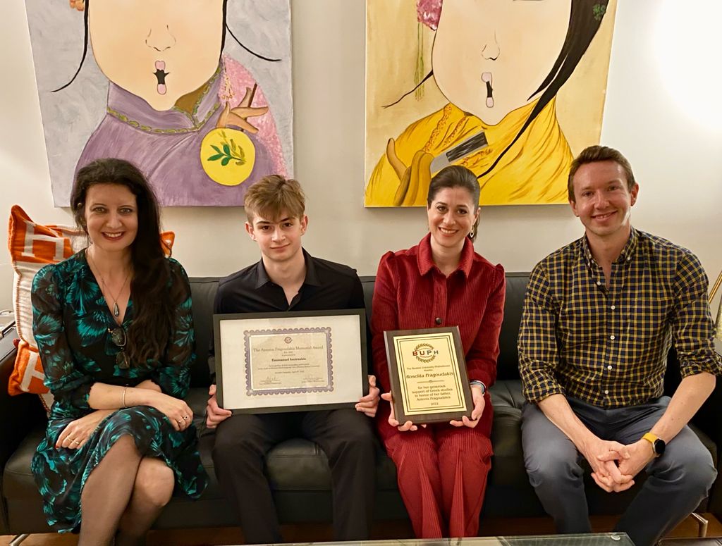 Depiction of Antonis Fragoudakis inaugural recipient with Roselita Fragoudakis, Kelly Polychroniou, and James Uden 