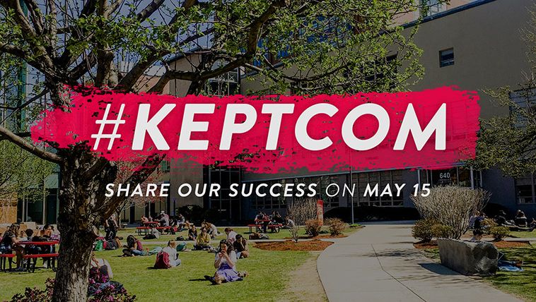 KeptCOM hashtag overlaying photo of COM Lawn.