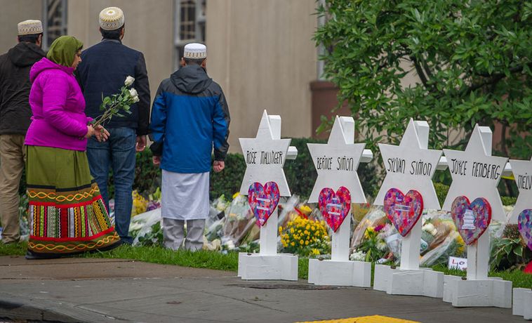 Mourners gather outside the Tree of Life Congregation in Pittsburgh.