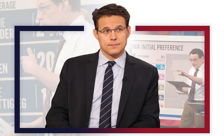 Composite photo illustration featuring Steve Kornacki in jacked and necktie.