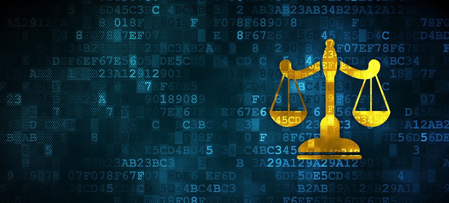 illustration of the scales of justice over a background of digital numbers.