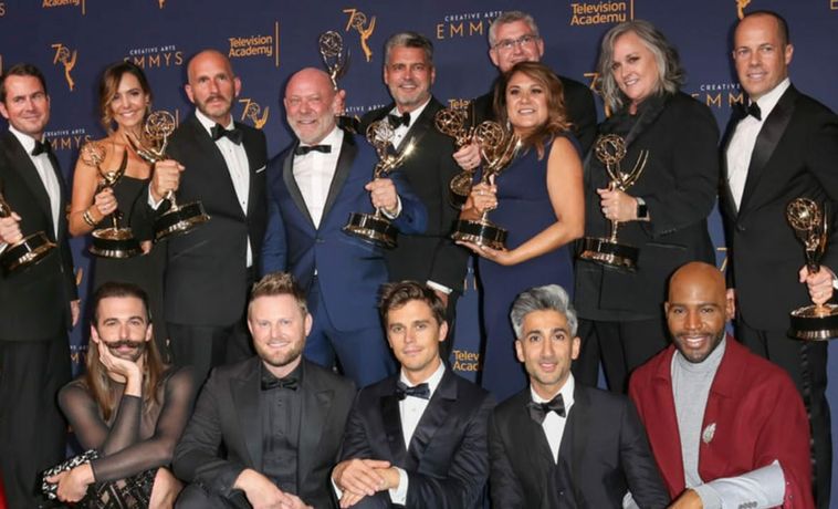 Queen Eye for the Straight Guy Emmy Award winners in group photo.