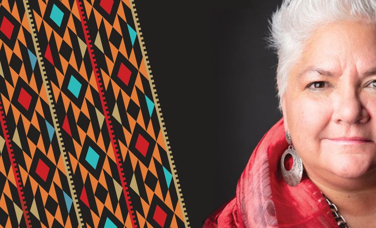 Illustration of JoAnn Chase portrait and Native American colored pattern.