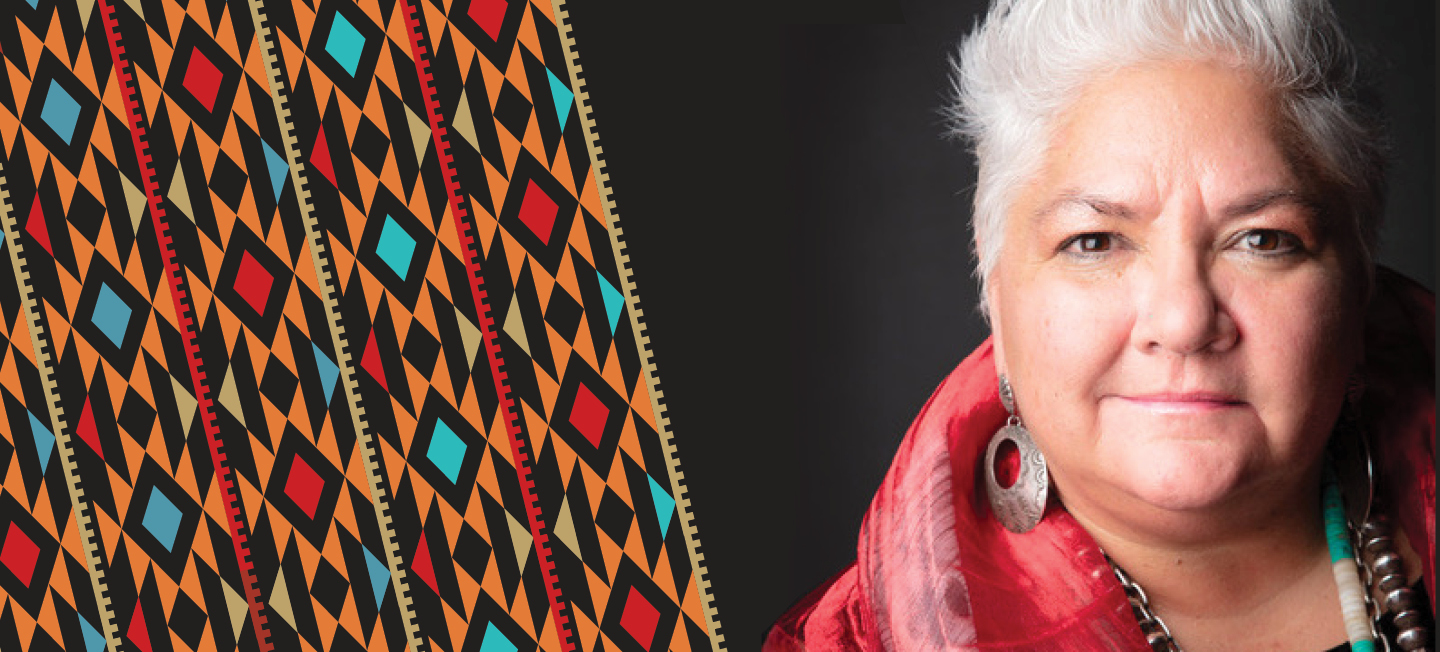 Illustration of JoAnn Chase portrait and Native American colored pattern.