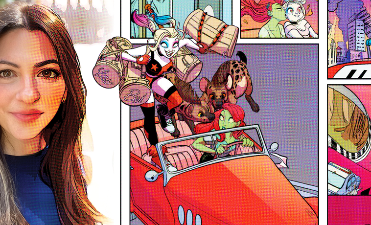 Photo illustration of Katie Kubert in partial halftone in a three-panel comic with characters Harley Quinn and Poison Ivy.