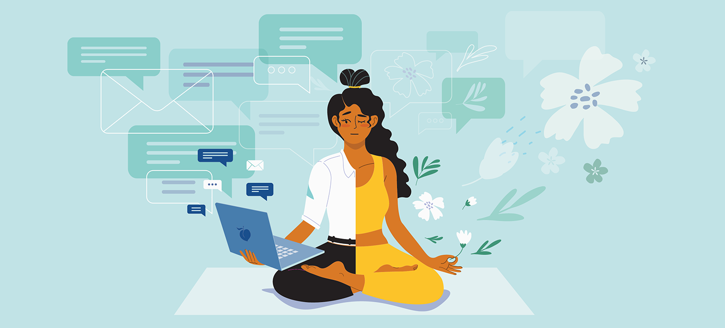 Illustration with half a male form sitting in a butterfly pose with a laptop and the female half of the form meditating.
