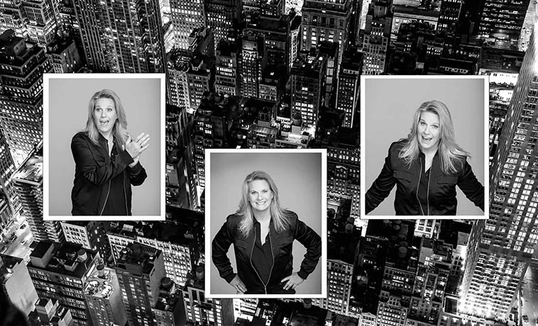 Three portraits of Liz Patrick superimposed on a bird's-eye view of the New York City skyline.