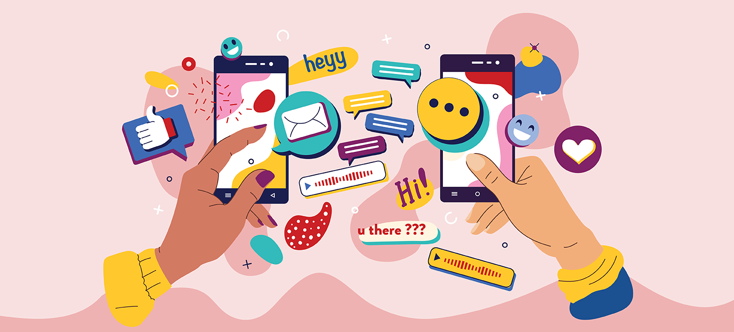 Colorful drawing of two hands, each holding a phone while using a dating app.