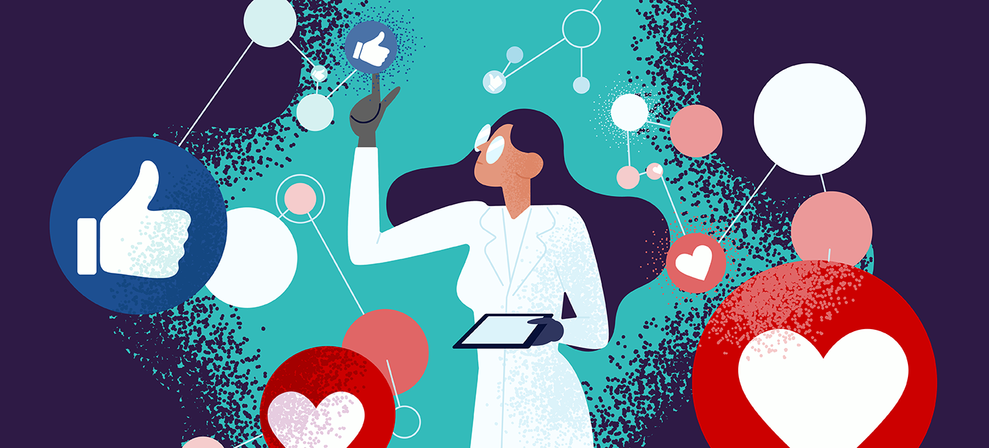 Drawing of woman holding a tablet while surrounded by social media icons.