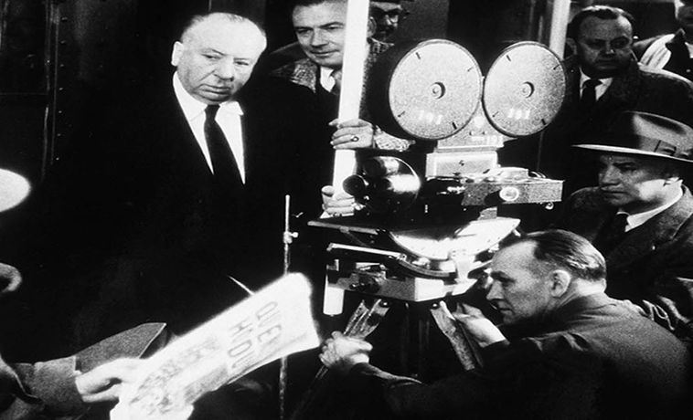 Alfred Hitchcock and Henry Fonda on the set of The Wrong Man in 1956.