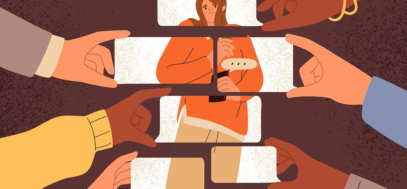 Illustration of many hands holding phones, each showing an image. When arranged together, the phones comprise an image of a woman looking concerned.