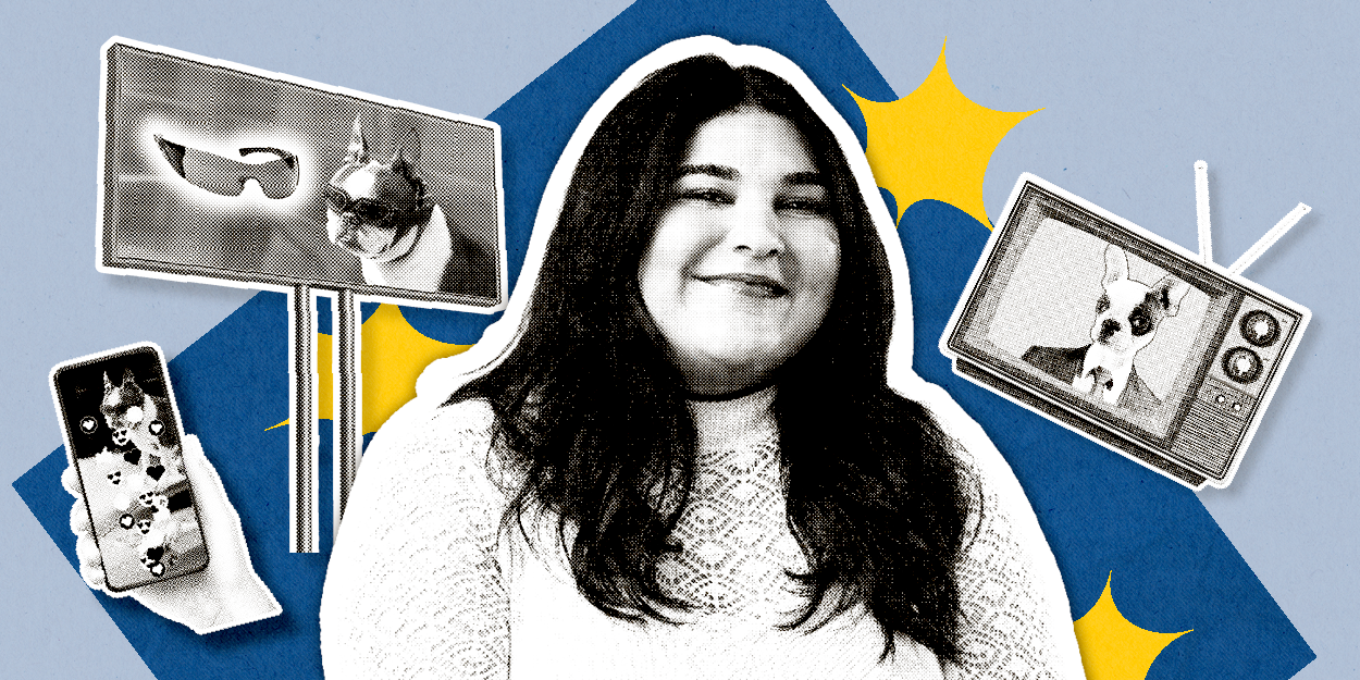 Smiling portrait/illustration of Niharika Verma with various screen in the background.