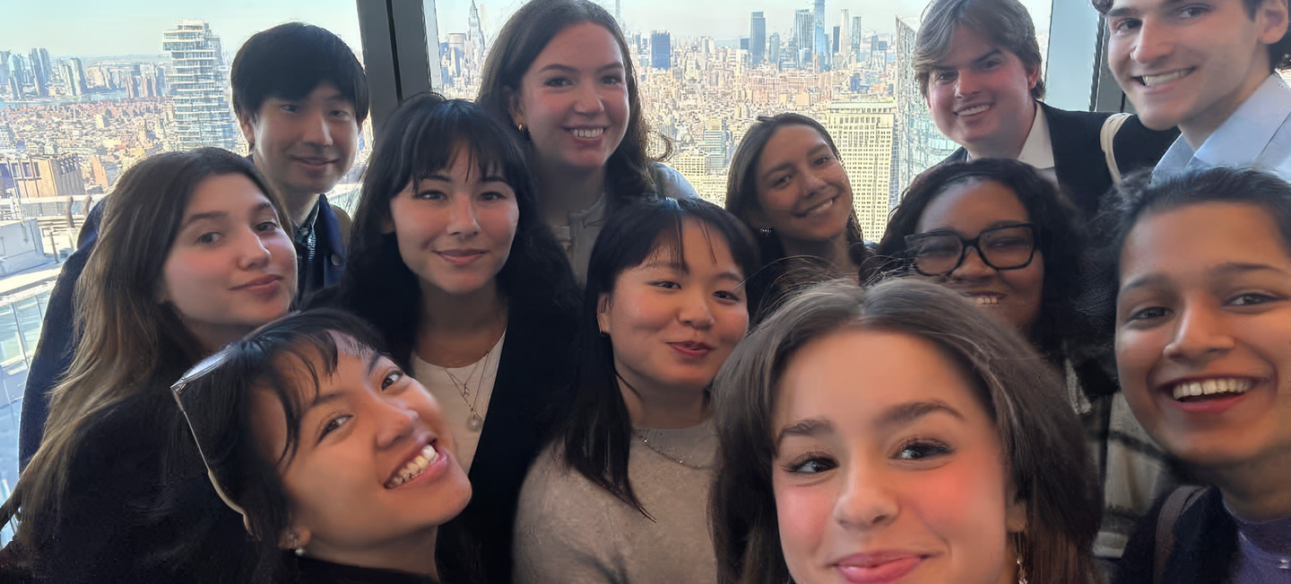 Students pose for a quick selfie during the 2025 public relations trip to New York City