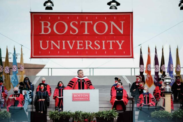 Noubar Afeyan, co-founder of Moderna, addresses advanced degree graduating students during Boston University's 148th Commencement for graduate students.
