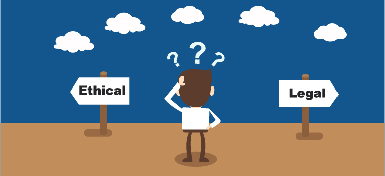 Young brown haired cartoon character caught between a sign post saying Ethical and a sign post saying legal. There is a question mark and clouds overhead as the cartoon character is caught between the two and unsure of what to do next. 